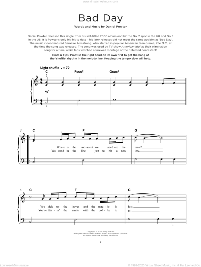 Bad Day sheet music for piano solo by Daniel Powter and Alvin And The Chipmunks, beginner skill level