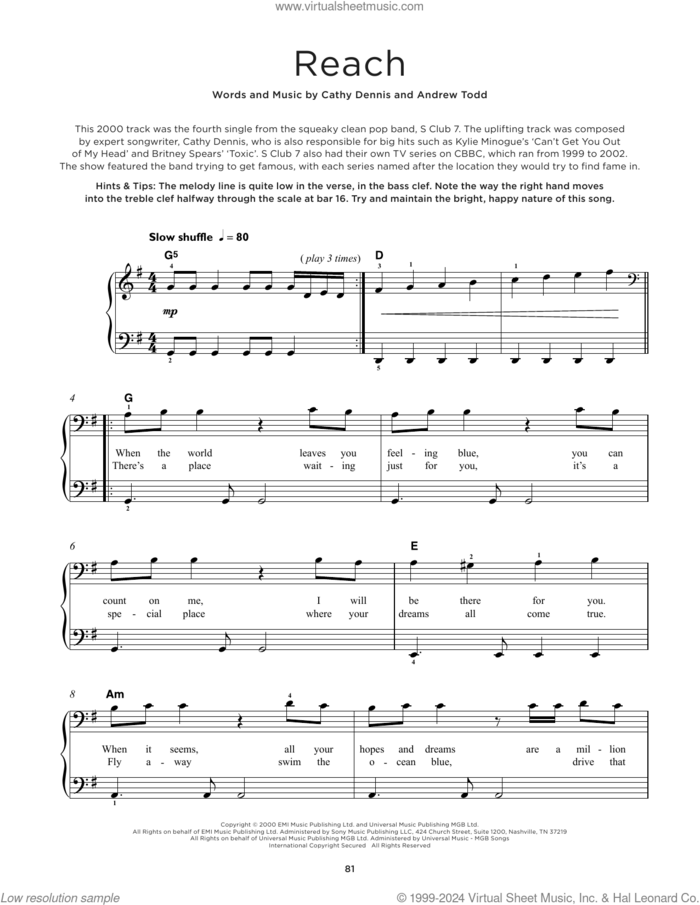 Reach sheet music for piano solo by S Club 7, Andrew Todd and Cathy Dennis, beginner skill level