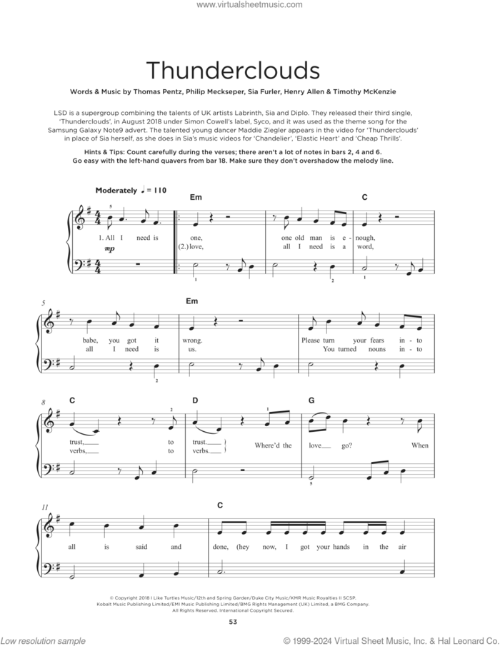Thunderclouds sheet music for piano solo by Labrinth, Sia & Diplo, Henry Allen, Labrinth, Philip Meckseper, Sia Furler and Thomas Wesley Pentz, beginner skill level