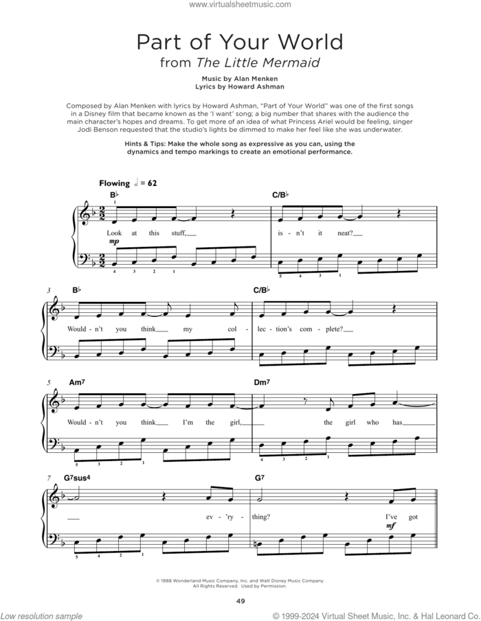 Part Of Your World (from The Little Mermaid) sheet music for piano solo by Alan Menken & Howard Ashman, Alan Menken and Howard Ashman, beginner skill level