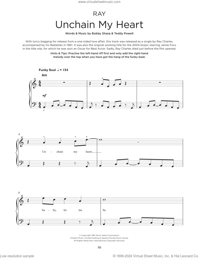 Unchain My Heart, (beginner) sheet music for piano solo by Ray Charles, Bobby Sharp and Teddy Powell, beginner skill level