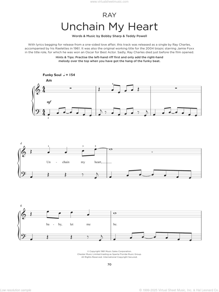 Unchain My Heart, (beginner) sheet music for piano solo by Ray Charles, Bobby Sharp and Teddy Powell, beginner skill level