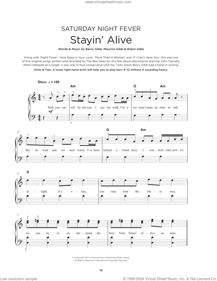 Stayin' Alive sheet music for piano solo by Bee Gees, Barry Gibb, Maurice Gibb and Robin Gibb, beginner skill level