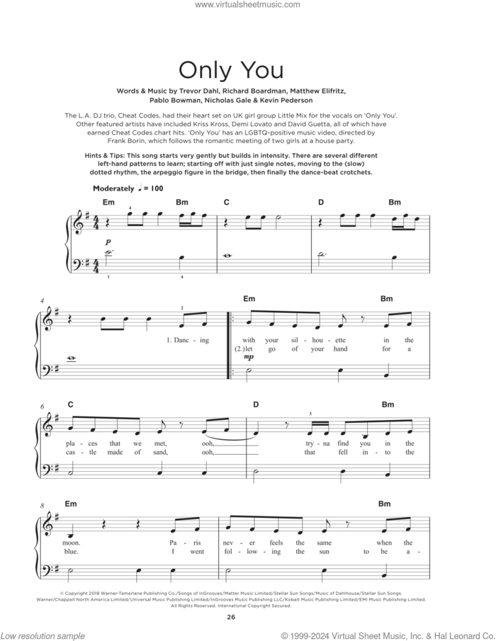 Only You sheet music for piano solo by Cheat Codes and Little Mix, Matthew Elifritz, Nicholas Gale, Pablo Bowman, Richard Boardman and Trevor Dahl, beginner skill level