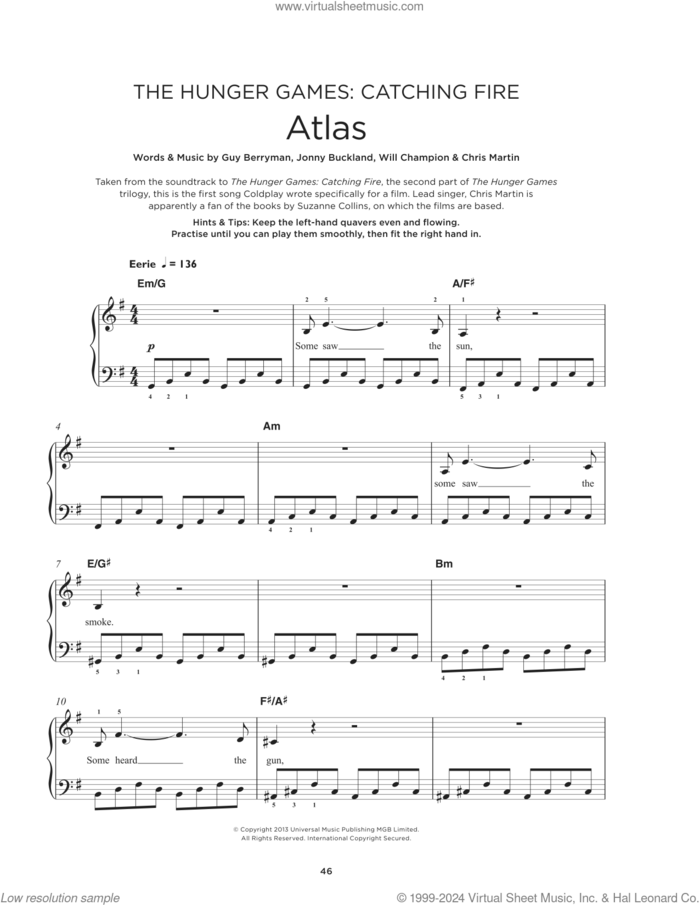 Atlas sheet music for piano solo by Coldplay, Chris Martin, Guy Berryman, Jon Buckland and Will Champion, beginner skill level