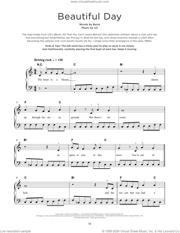 Beautiful Day, (beginner) sheet music for piano solo by U2 and Bono, beginner skill level