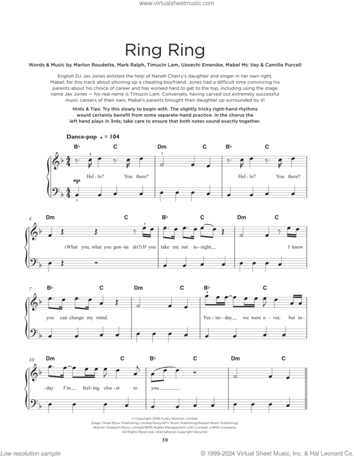 Ring Ring sheet music for piano solo by Jax Jones feat. Mabel and Rich The Kid, Camille Purcell, Mabel McVey, Mark Ralph, Marlon Roudette, Timucin Lam and Uzoechi Emenike, beginner skill level