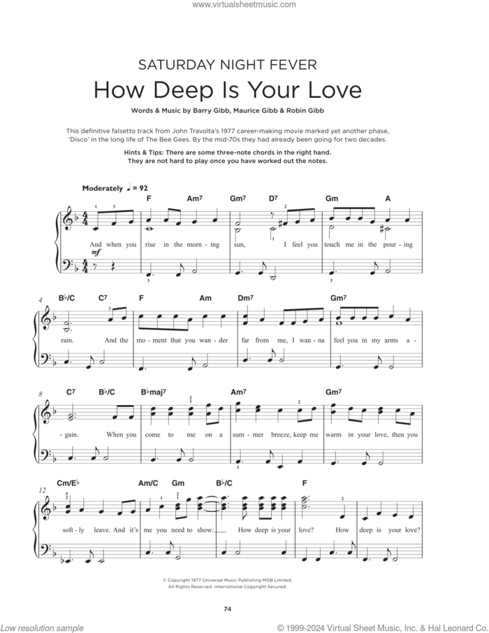 How Deep Is Your Love sheet music for piano solo by Bee Gees, Barry Gibb, Maurice Gibb and Robin Gibb, beginner skill level