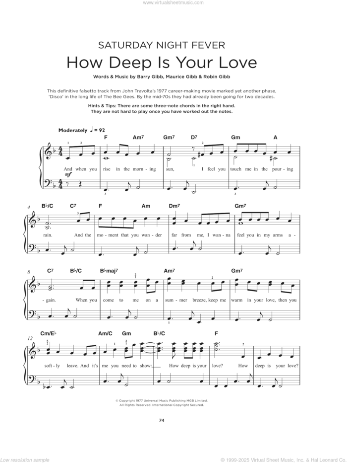 How Deep Is Your Love sheet music for piano solo by Bee Gees, Barry Gibb, Maurice Gibb and Robin Gibb, beginner skill level