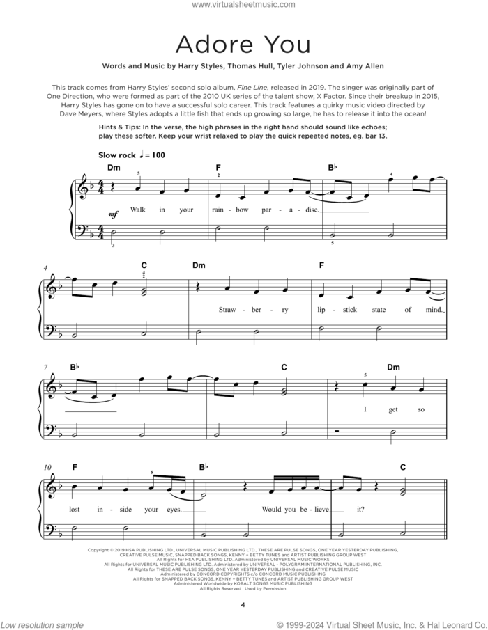 Adore You sheet music for piano solo by Harry Styles, Amy Allen, Tom Hull and Tyler Johnson, beginner skill level