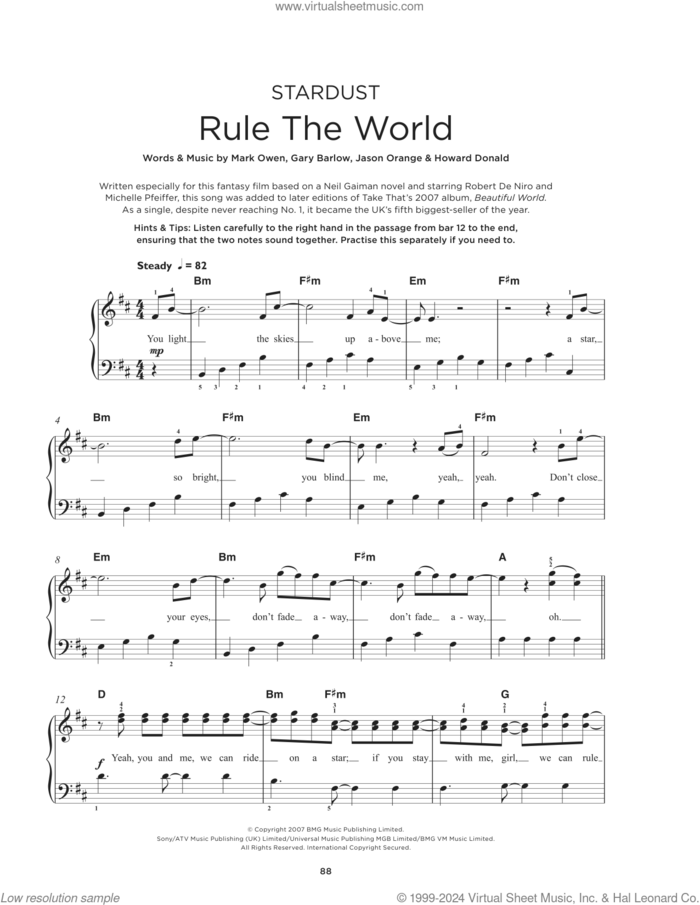 Rule The World, (beginner) sheet music for piano solo by Take That, Gary Barlow, Howard Donald, Jason Orange and Mark Owen, beginner skill level