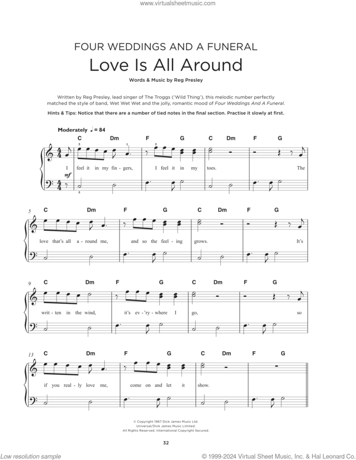 Love Is All Around, (beginner) sheet music for piano solo by Wet Wet Wet, The Troggs and Reg Presley, beginner skill level