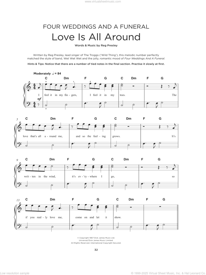 Love Is All Around, (beginner) sheet music for piano solo by Wet Wet Wet, The Troggs and Reg Presley, beginner skill level