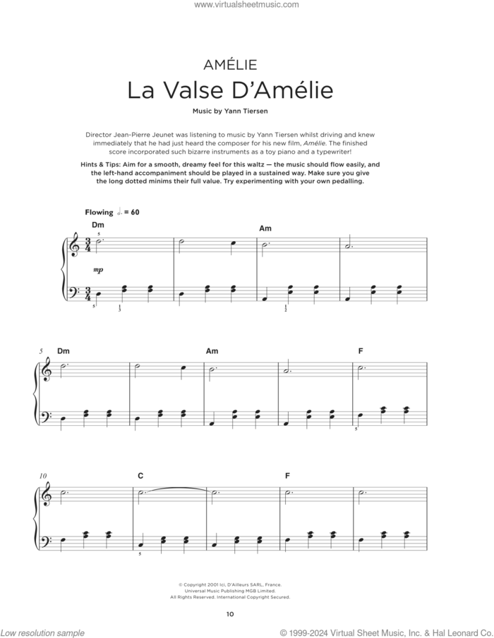 La Valse D'Amelie sheet music for piano solo by Yann Tiersen, beginner skill level