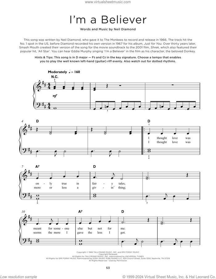 I'm A Believer sheet music for piano solo by The Monkees, Smash Mouth and Neil Diamond, beginner skill level