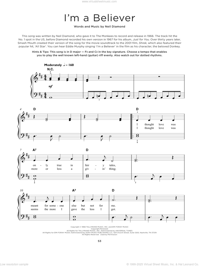 I'm A Believer sheet music for piano solo by The Monkees, Smash Mouth and Neil Diamond, beginner skill level