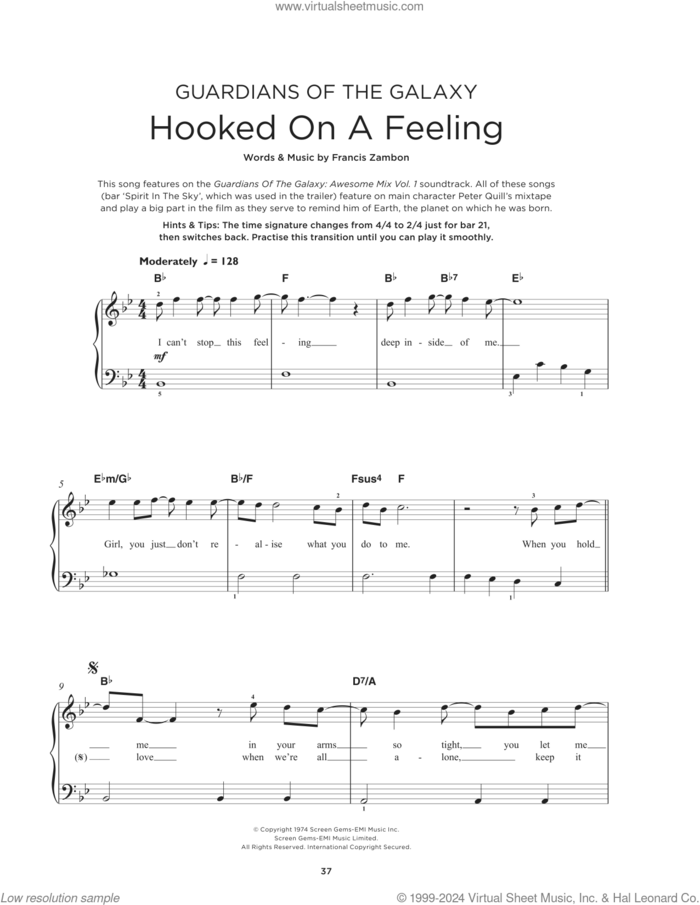 Hooked On A Feeling sheet music for piano solo by B.J. Thomas and Mark James, beginner skill level