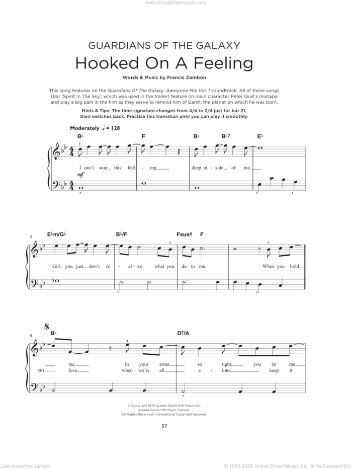 Hooked On A Feeling sheet music for piano solo by B.J. Thomas and Mark James, beginner skill level