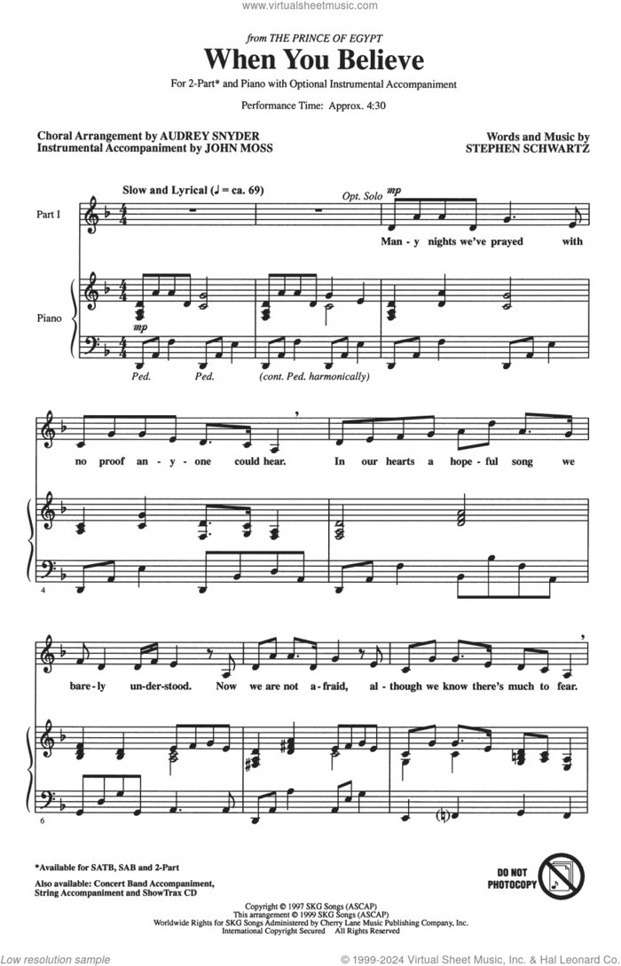 When You Believe (from The Prince Of Egypt) (arr. Audrey Snyder) sheet music for choir (2-Part) by Stephen Schwartz, Audrey Snyder and Whitney Houston and Mariah Carey, intermediate duet