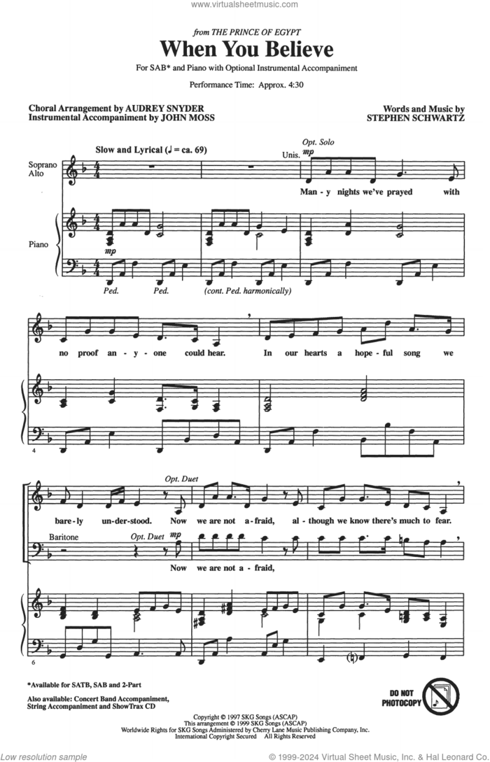 When You Believe (from The Prince Of Egypt) (arr. Audrey Snyder) sheet music for choir (SAB: soprano, alto, bass) by Stephen Schwartz, Audrey Snyder and Whitney Houston and Mariah Carey, intermediate skill level