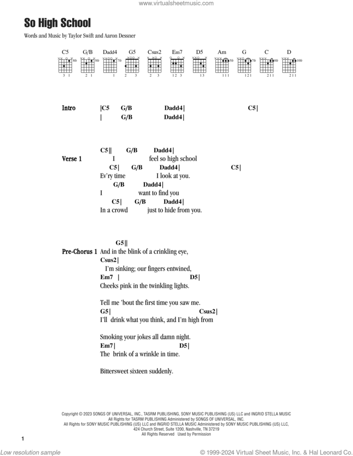 So High School sheet music for guitar (chords) by Taylor Swift and Aaron Dessner, intermediate skill level