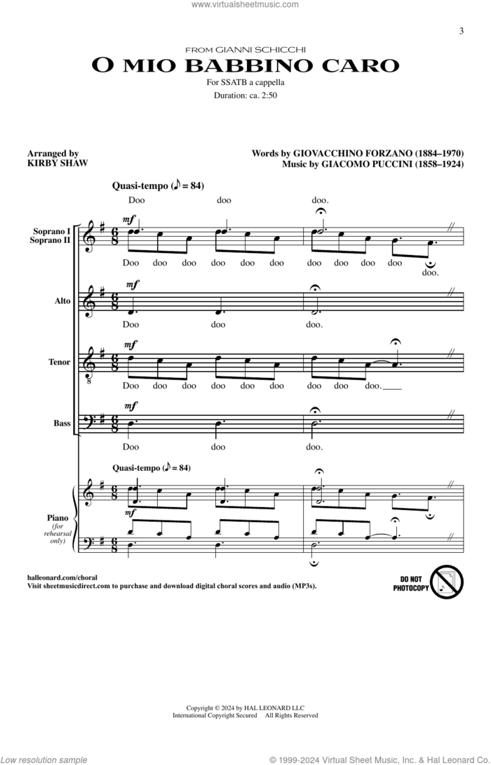 O Mio Babbino Caro (arr. Kirby Shaw) sheet music for choir (SSATB) by Giacomo Puccini and Kirby Shaw, intermediate skill level
