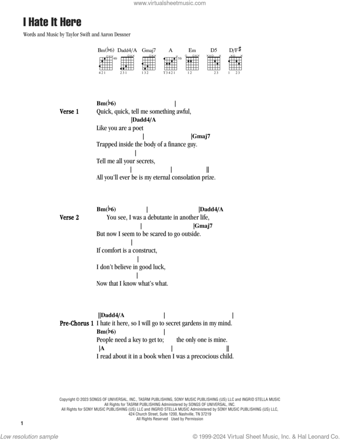 I Hate It Here sheet music for guitar (chords) by Taylor Swift and Aaron Dessner, intermediate skill level