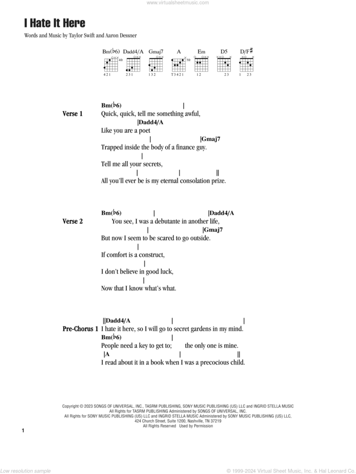 I Hate It Here sheet music for guitar (chords) by Taylor Swift and Aaron Dessner, intermediate skill level