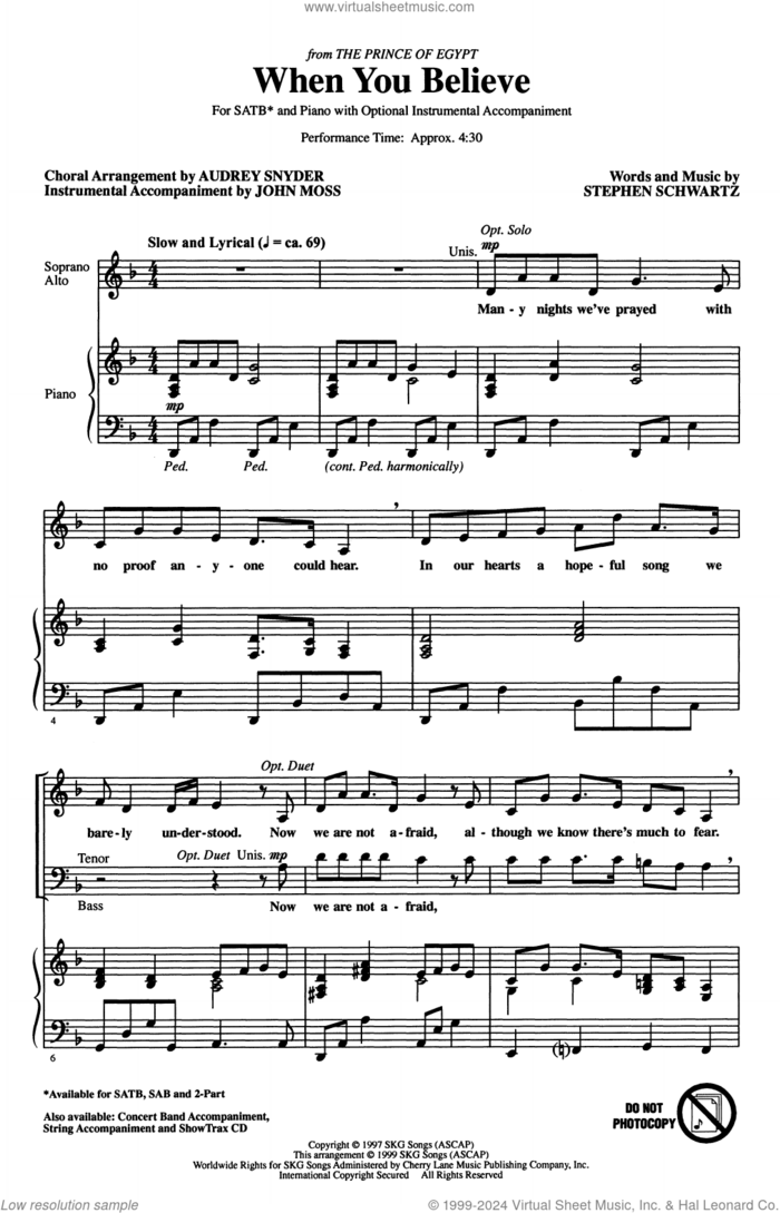 When You Believe (from The Prince Of Egypt) (arr. Audrey Snyder) sheet music for choir (SATB: soprano, alto, tenor, bass) by Stephen Schwartz, Audrey Snyder and Whitney Houston and Mariah Carey, intermediate skill level