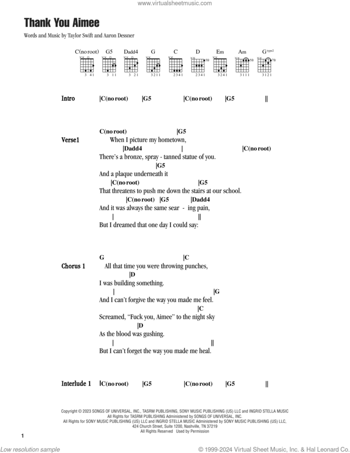 thanK you aIMee sheet music for guitar (chords) by Taylor Swift and Aaron Dessner, intermediate skill level