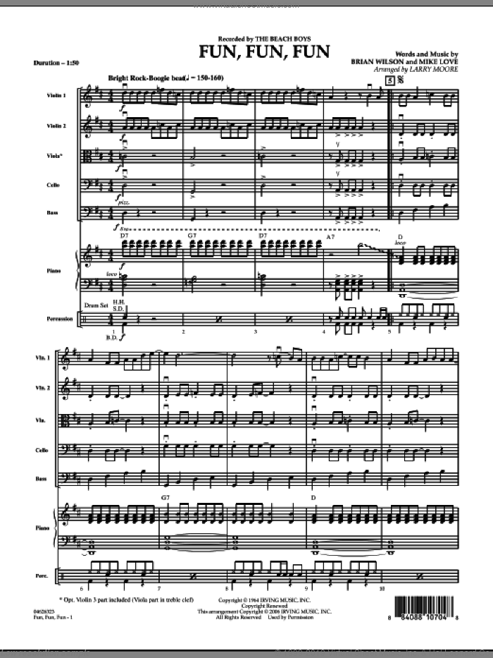 Fun, Fun, Fun (COMPLETE) sheet music for orchestra by The Beach Boys, Brian Wilson, Larry Moore and Mike Love, intermediate skill level
