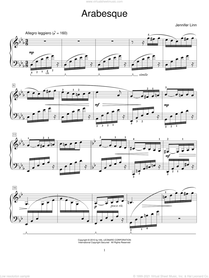 Arabesque sheet music for piano solo (elementary) by Jennifer Linn and Miscellaneous, classical score, beginner piano (elementary)