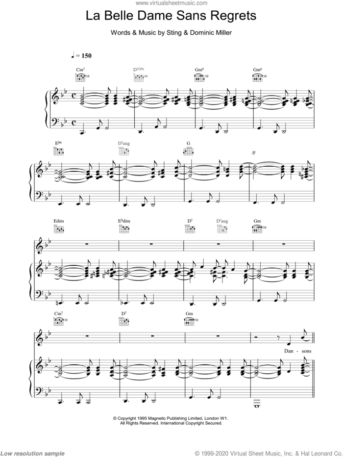 La Belle Dame Sans Regrets sheet music for voice, piano or guitar by Sting and DOMINIC MILLER, intermediate skill level