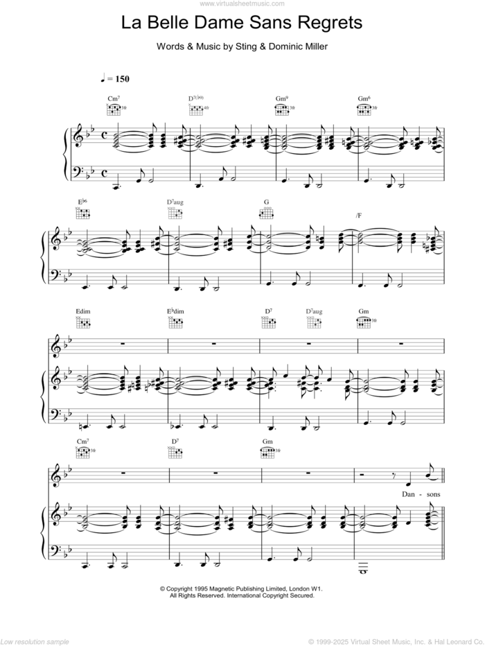 La Belle Dame Sans Regrets sheet music for voice, piano or guitar by Sting and DOMINIC MILLER, intermediate skill level