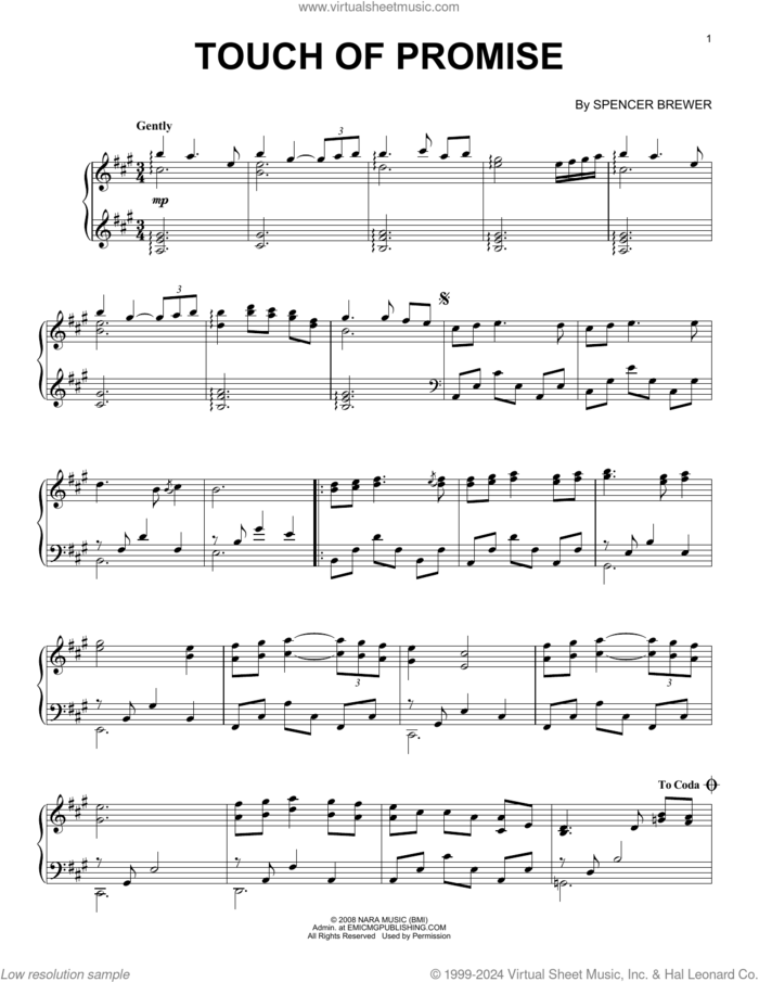 Touch Of Promise sheet music for voice, piano or guitar by Spencer Brewer, wedding score, intermediate skill level