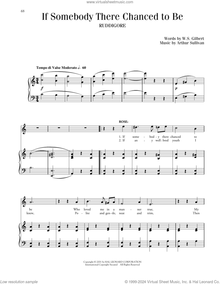 If Somebody There Chanced To Be (from Ruddigore) sheet music for voice and piano by Gilbert & Sullivan, Richard Walters, Arthur Sullivan and William S. Gilbert, classical score, intermediate skill level