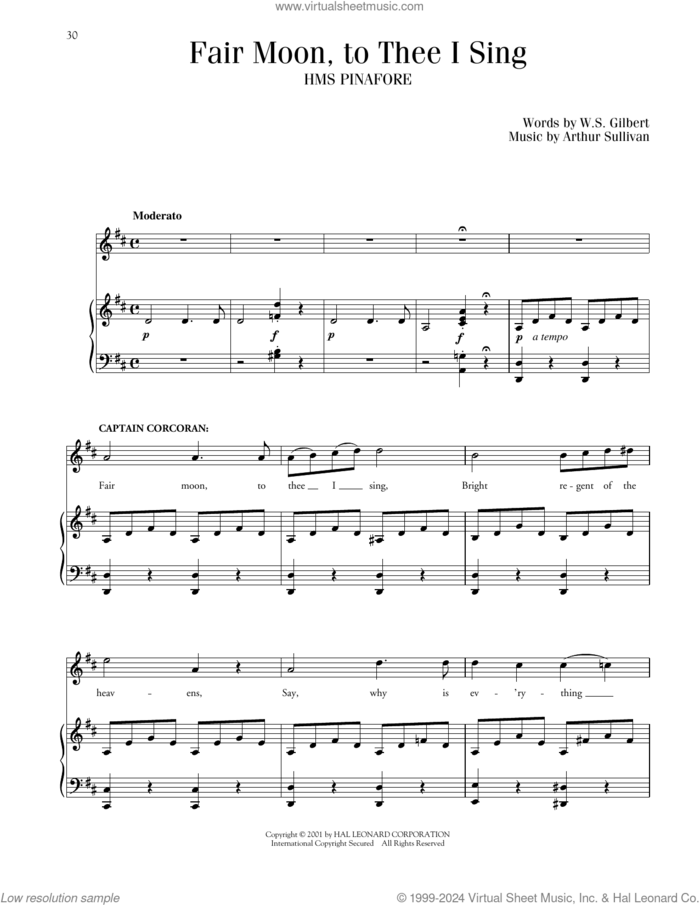 Fair Moon, To Thee I Sing (from H.M.S. Pinafore) sheet music for voice and piano by Gilbert & Sullivan, Richard Walters, Arthur Sullivan and William S. Gilbert, classical score, intermediate skill level