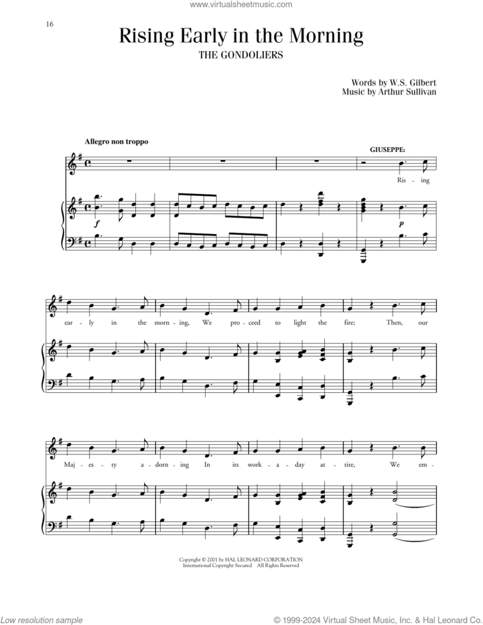 Rising Early In The Morning (from The Gondaliers) sheet music for voice and piano by Gilbert & Sullivan, Richard Walters, Arthur Sullivan and William S. Gilbert, classical score, intermediate skill level