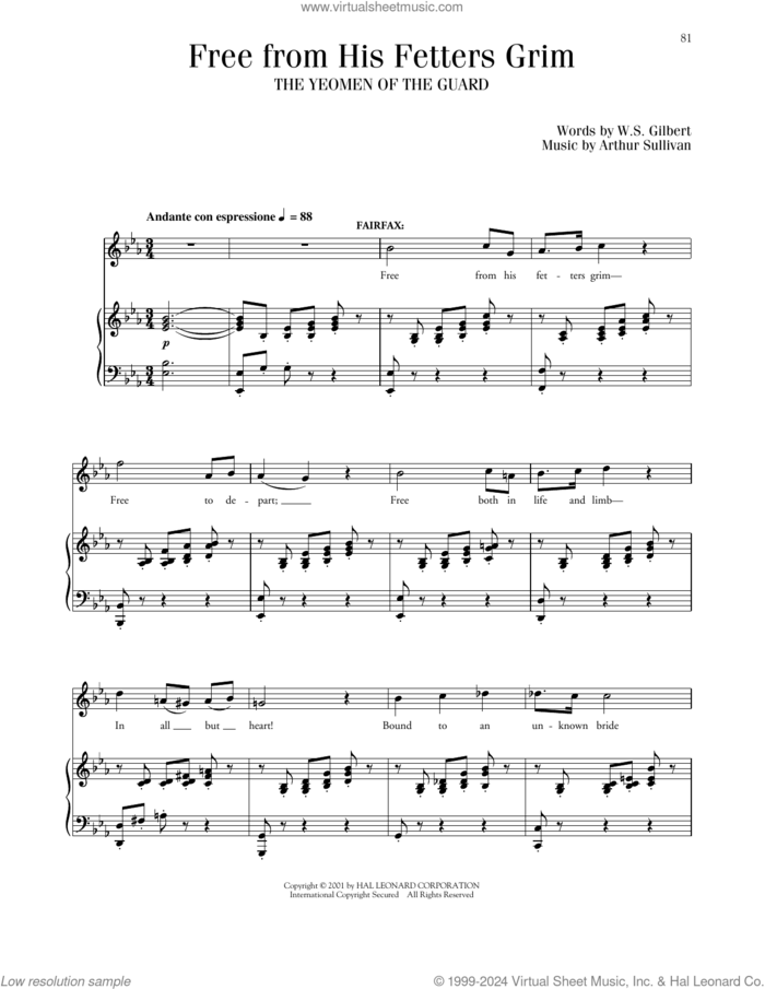 Free From His Fetters Grim (from The Yeomen Of The Guard) sheet music for voice and piano by Gilbert & Sullivan, Richard Walters, Arthur Sullivan and William S. Gilbert, classical score, intermediate skill level