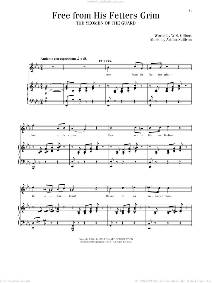 Free From His Fetters Grim (from The Yeomen Of The Guard) sheet music for voice and piano by Gilbert & Sullivan, Richard Walters, Arthur Sullivan and William S. Gilbert, classical score, intermediate skill level