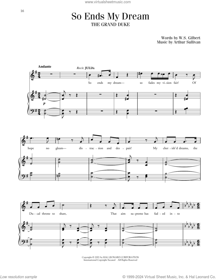 So Ends My Dream (from The Grand Duke) sheet music for voice and piano by Gilbert & Sullivan, Richard Walters, Arthur Sullivan and William S. Gilbert, classical score, intermediate skill level