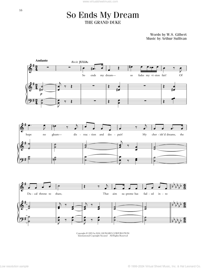 So Ends My Dream (from The Grand Duke) sheet music for voice and piano by Gilbert & Sullivan, Richard Walters, Arthur Sullivan and William S. Gilbert, classical score, intermediate skill level