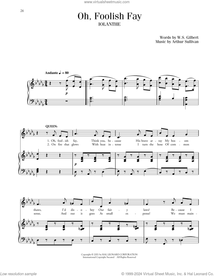 Oh, Foolish Fay (from Iolanthe) sheet music for voice and piano by Gilbert & Sullivan, Richard Walters, Arthur Sullivan and William S. Gilbert, classical score, intermediate skill level