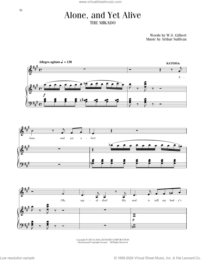 Alone, And Yet Alive (from The Mikado) sheet music for voice and piano by Gilbert & Sullivan, Richard Walters, Arthur Sullivan and William S. Gilbert, intermediate skill level