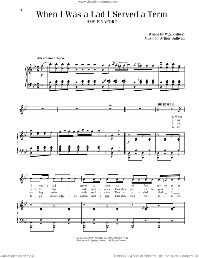 When I Was A Lad (from H.M.S. Pinafore) sheet music for voice and piano by Gilbert & Sullivan, Richard Walters, Arthur Sullivan and William S. Gilbert, classical score, intermediate skill level