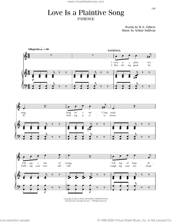 Love Is A Plaintive Song (from Patience) sheet music for voice and piano by Gilbert & Sullivan, Richard Walters, Joan Frey Boytim, Arthur Sullivan and William S. Gilbert, classical score, intermediate skill level