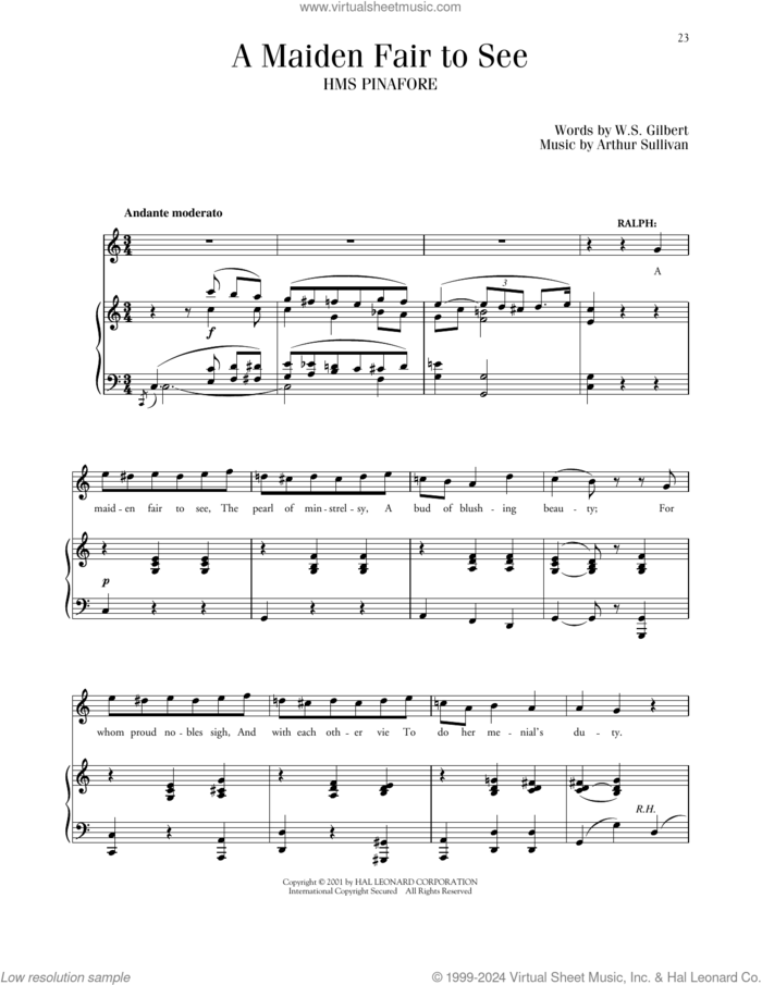 A Maiden Fair To See (from H.M.S. Pinafore) sheet music for voice and piano by Gilbert & Sullivan, Richard Walters, Arthur Sullivan and William S. Gilbert, classical score, intermediate skill level