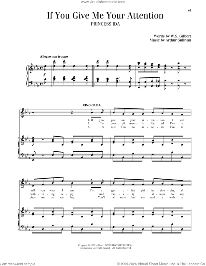 If You Give Me Your Attention (from Princess Ida) sheet music for voice and piano by Gilbert & Sullivan, Richard Walters, Arthur Sullivan and William S. Gilbert, classical score, intermediate skill level