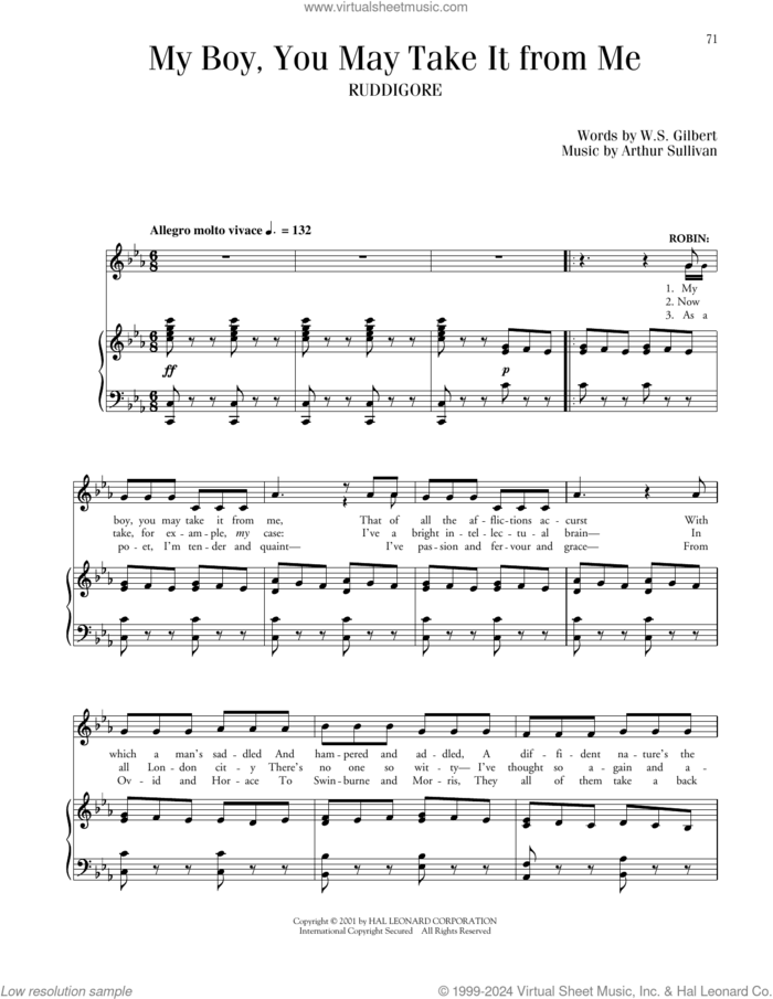 My Boy, You May Take It From Me (from Ruddigore) sheet music for voice and piano by Gilbert & Sullivan, Richard Walters, Arthur Sullivan and William S. Gilbert, classical score, intermediate skill level