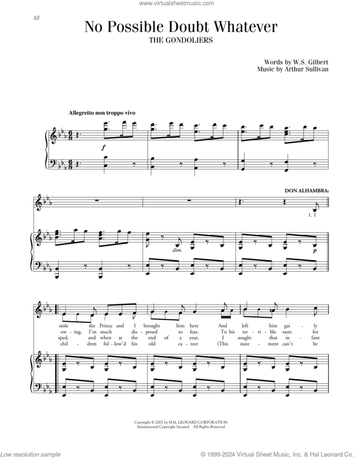 No Possible Doubt Whatever (from The Gondaliers) sheet music for voice and piano by Gilbert & Sullivan, Richard Walters, Arthur Sullivan and William S. Gilbert, classical score, intermediate skill level